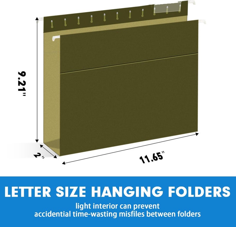 RAZCC Extra Capacity Hanging File Folders, 60 Pack Letter Size Reinforced Hanging Folders with Heavy Duty 2 Inch Expansion for Bulky Files, Filing Cabinet, Adjustable Tabs, Green - Image 2
